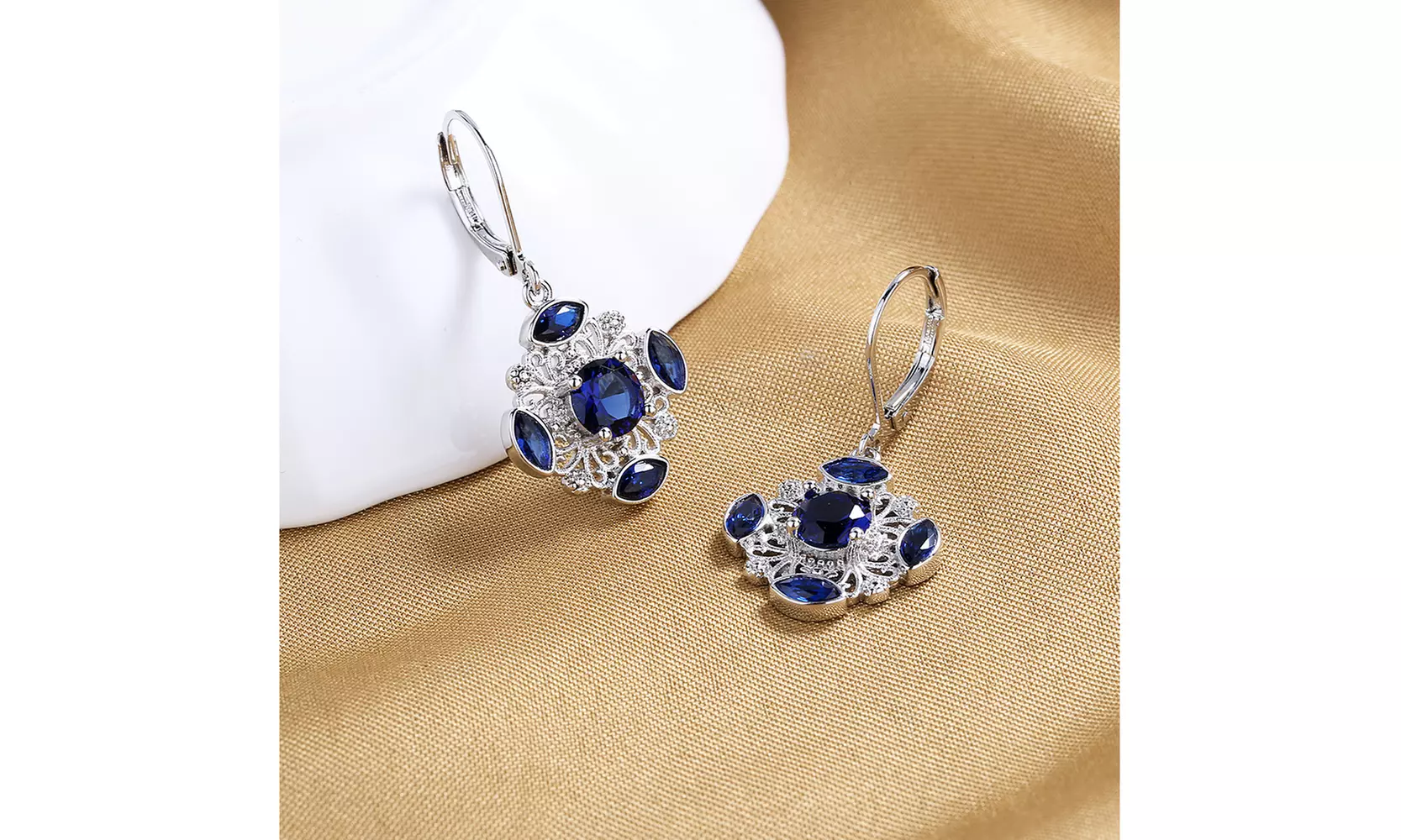18K White Gold Plated & Sapphire openwork snowflake drop Earrings