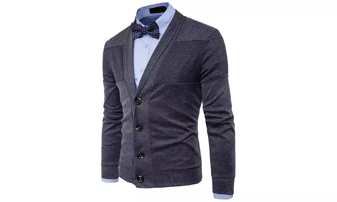 Men V-Neck Cardigan Cashmere Cotton Top Button Cardigans with Pockets - Primary Image