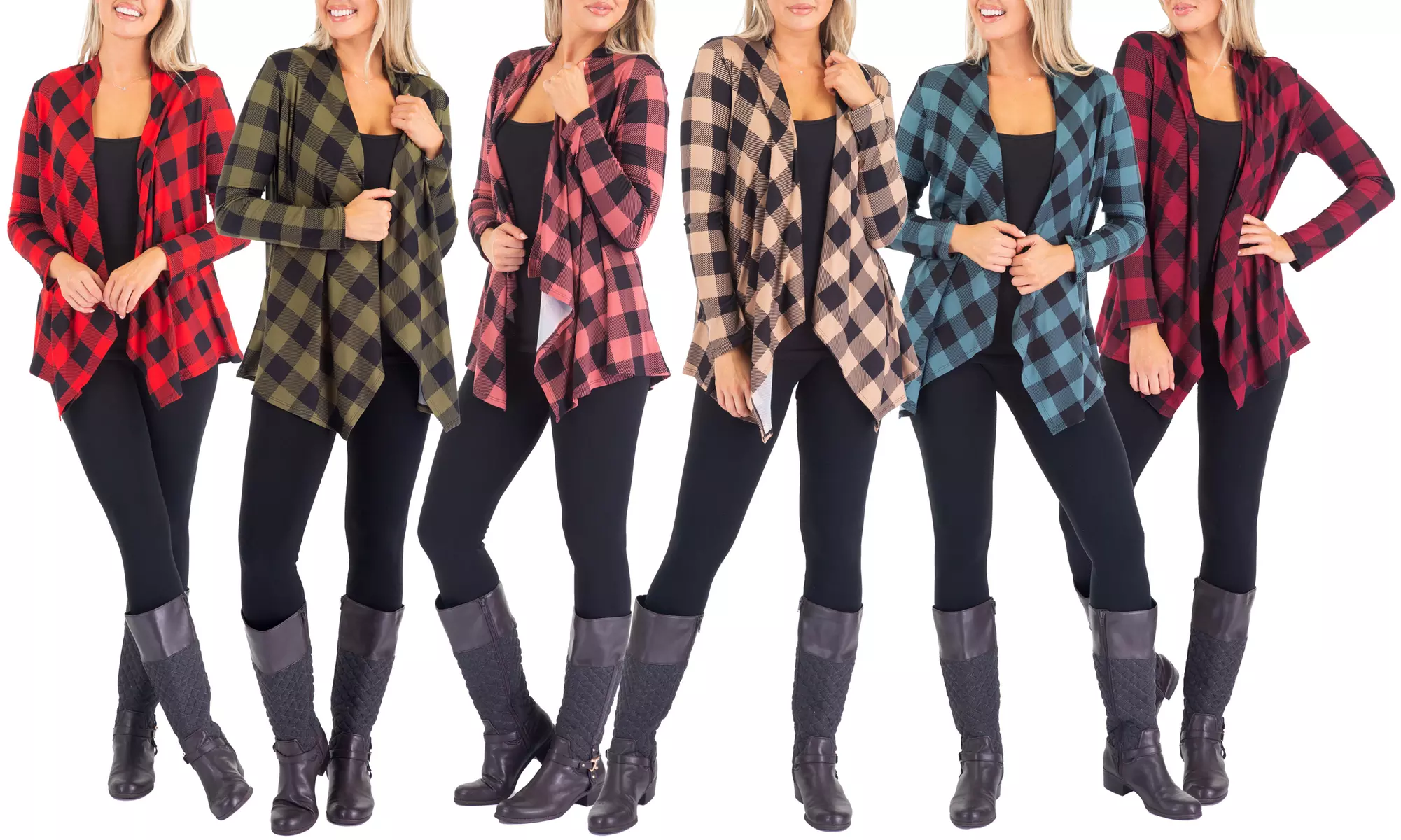 Women's Brushed Plaid Basic Draped Cardigan - Primary Image