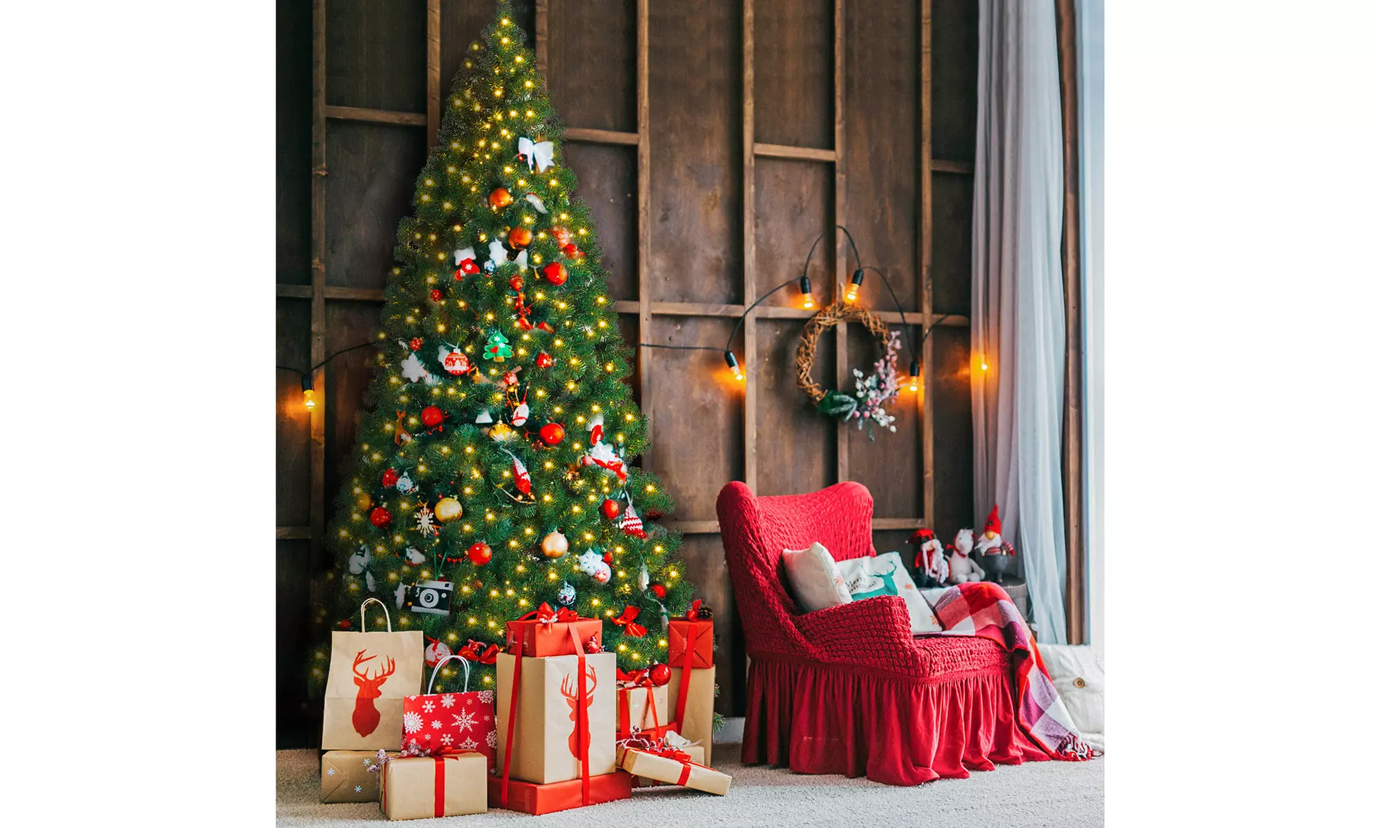 Costway 9Ft Pre-Lit PVC Artificial Christmas Tree Hinged w/ 700 LED Lights Green - Primary Image
