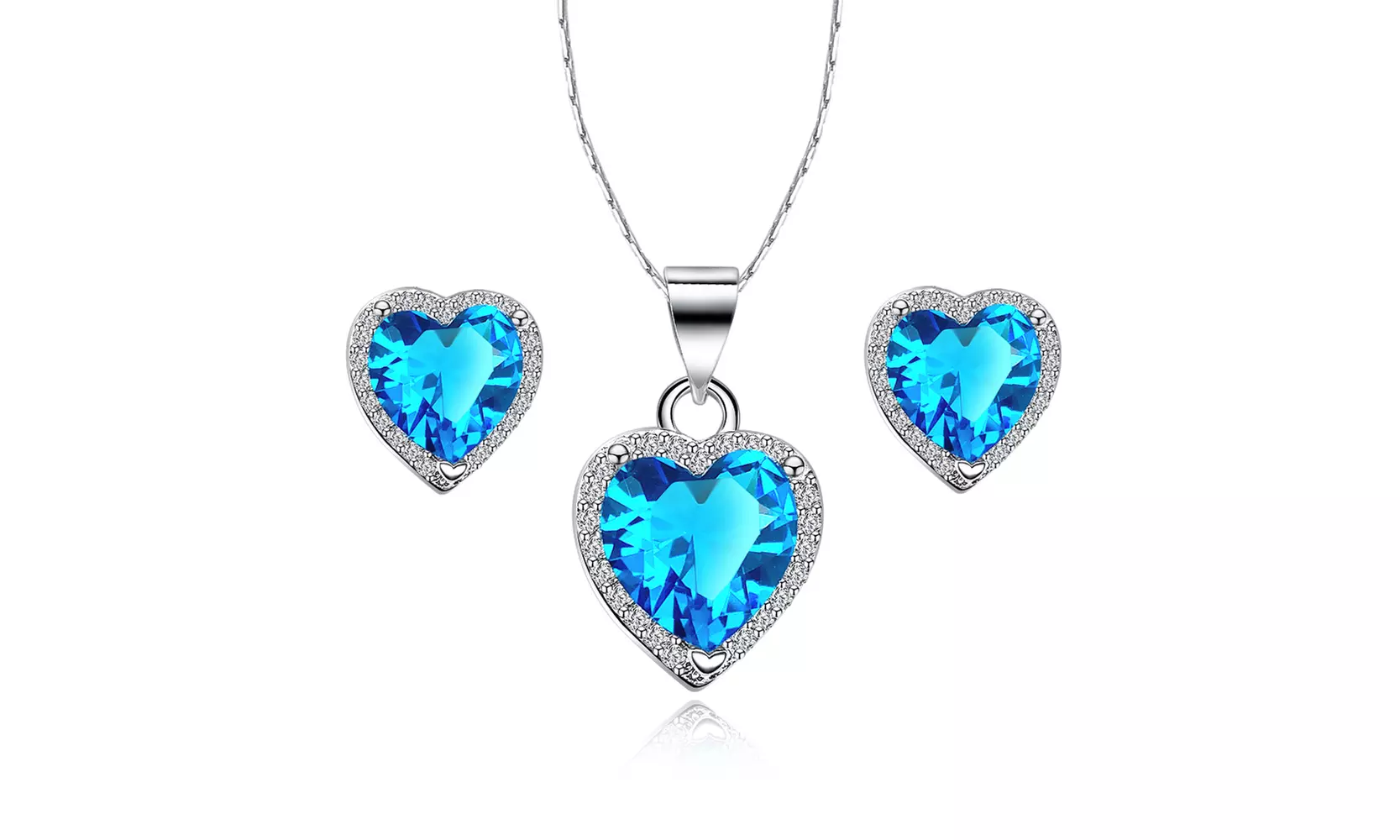18k White Gold Plated Heart 3 Carat Created Aquamarine Full Set Necklace 18 inch - Primary Image