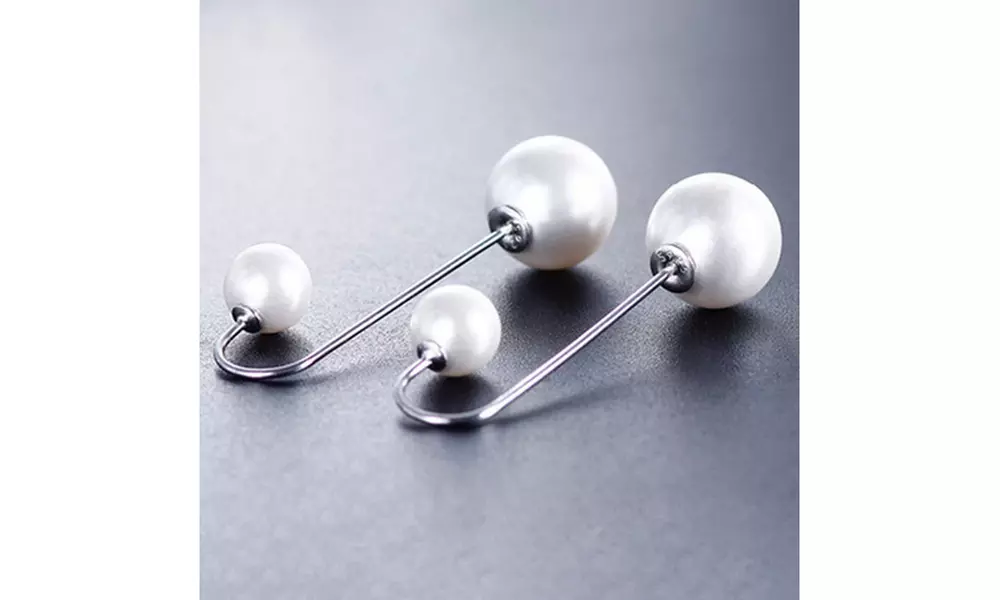 Double White Pearl Thread Drop Earrings in White Gold Plating - Second Medium