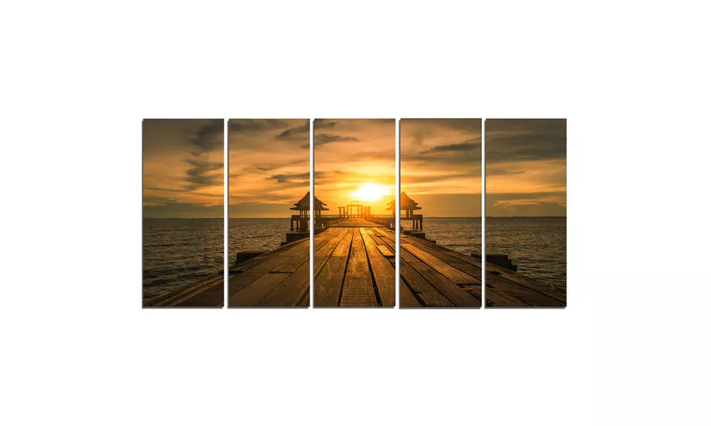 Huge Wooden Bridge to Illuminated Sky - Pier Seascape 5 Panel Metal Wall Art - Second Medium