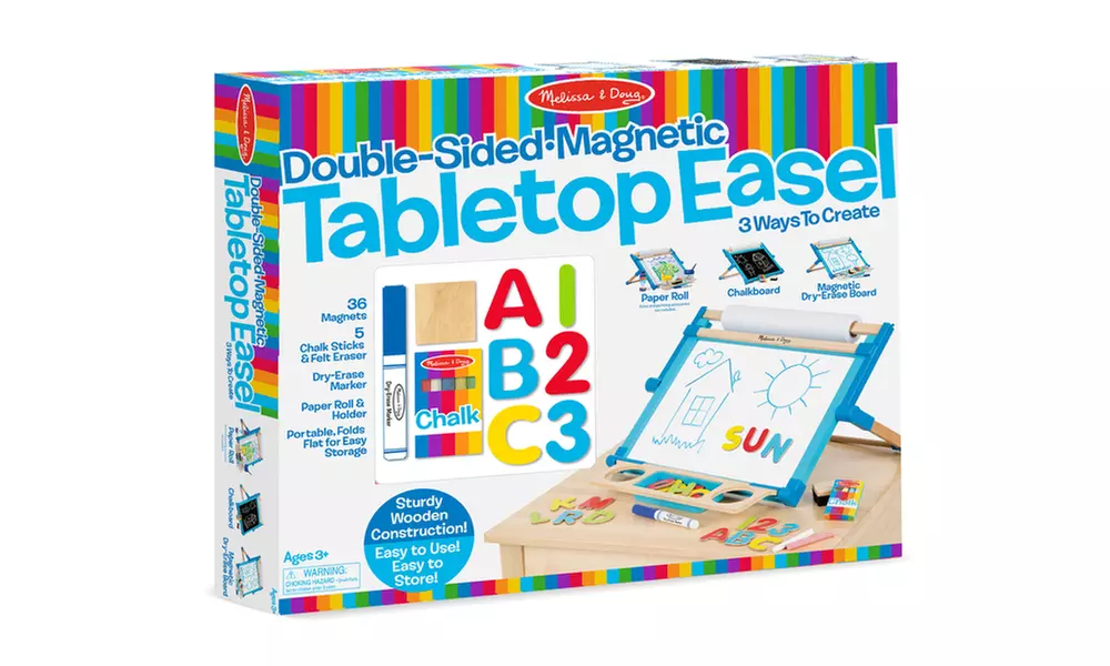 Melissa & Doug Double-Sided Magnetic Tabletop Art Easel, Dry-Erase/Chalk-board - Second Medium
