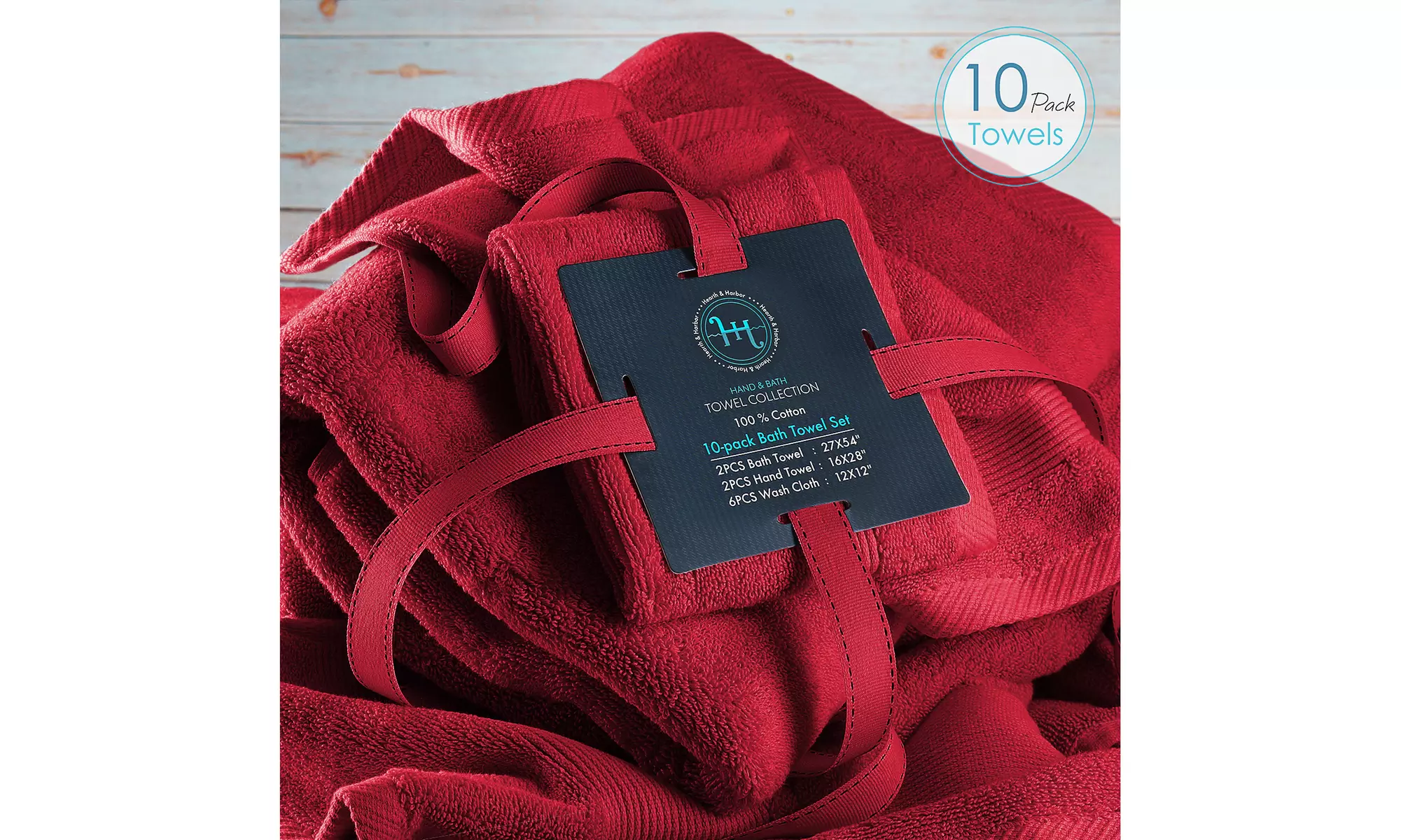 Hearth & Harbor Towels -100% Cotton Set of 10 ; 2 Bath, 2 Hand and 6 Washcloths