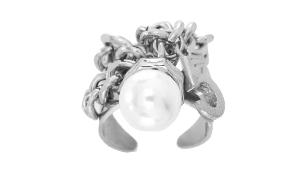 Stainless Steel Freshwater Pearl Lock Charm Cuff Ring - Primary Image