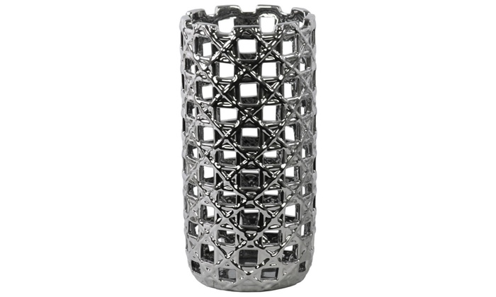 Round Cylindrical Vase With Square Cutout Design Large Silver