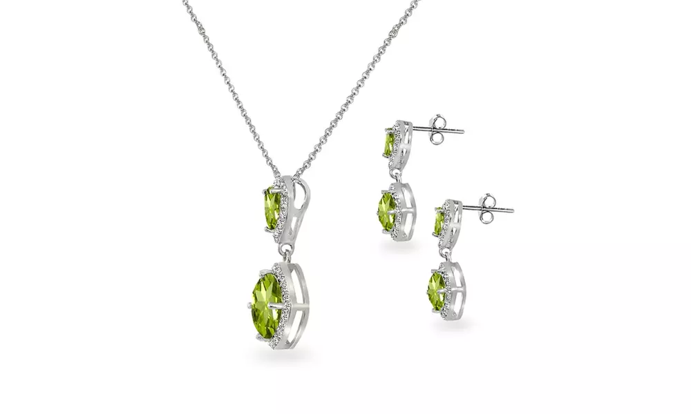 Peridot & White Topaz Dangle Earrings & Necklace Set in Sterling Silver