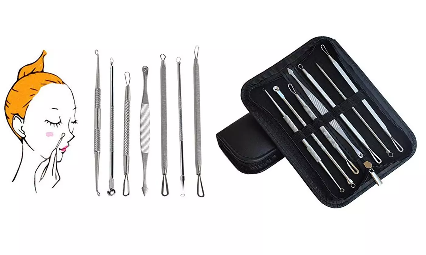 7Pcs Blemish Blackhead Extractor Remover Tool Face Skin Care Kit With Case Bag - Primary Image