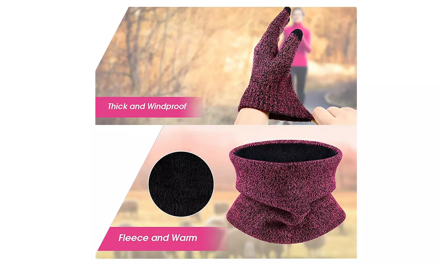 Winter Warm Knit Fleece Lined Beanie Hat Scarf Touchscreen Gloves Set