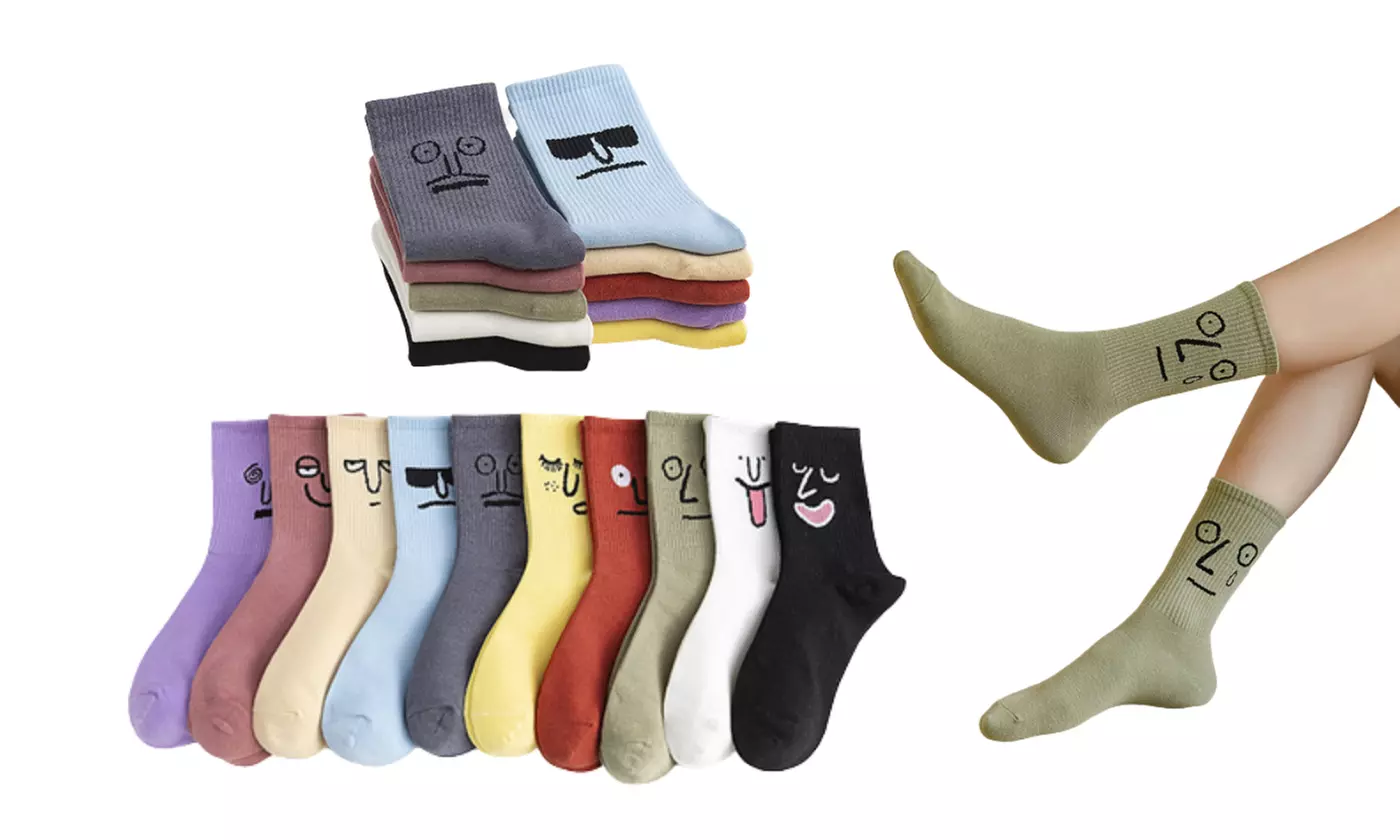 10 Pack Crazy Emoji Funny Emotion Socks Novelty Colorful Cotton Socks for Women - Primary Image