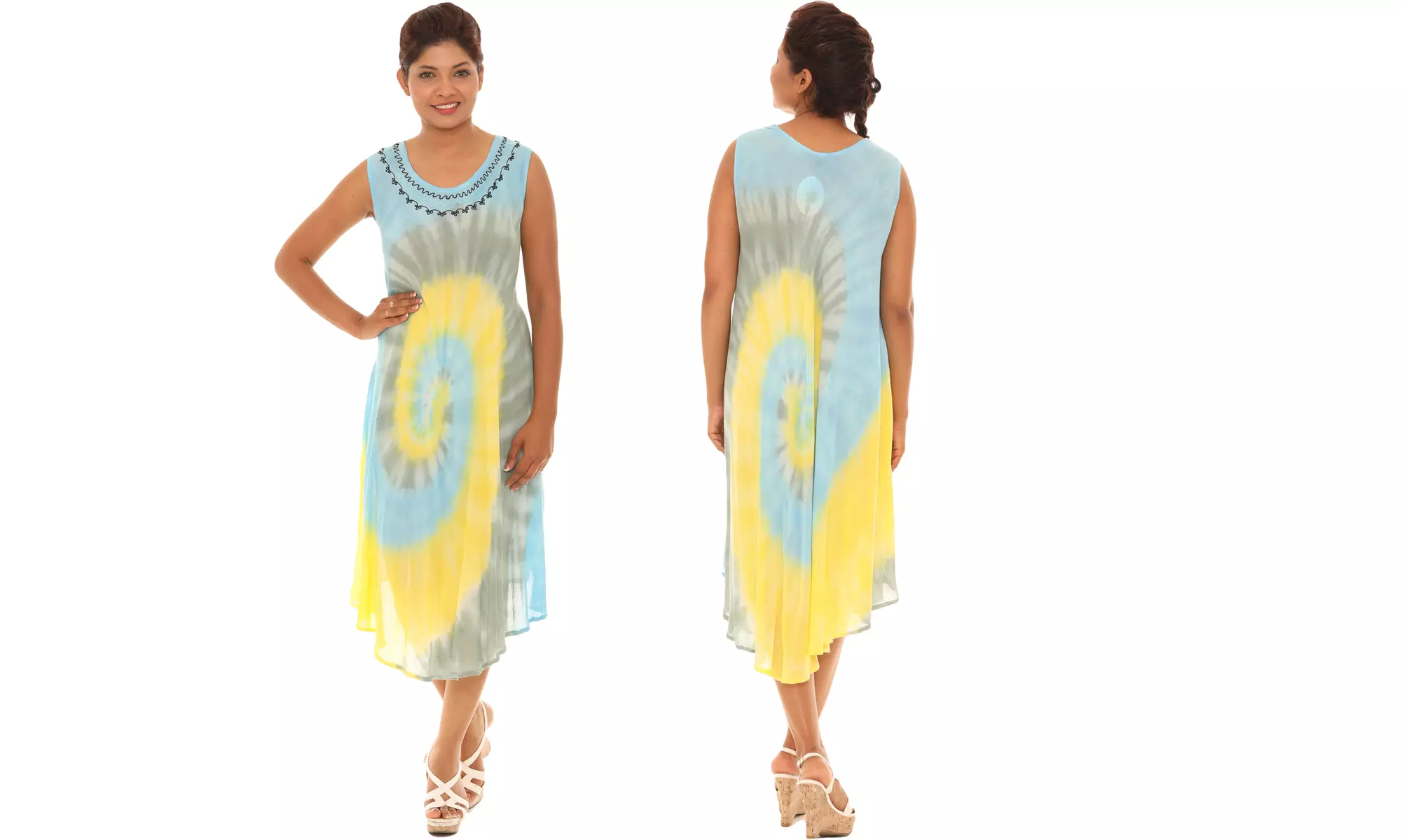 Women's Chevron Stripe Tie Dye Tank Dresses With Embroidered Neckline