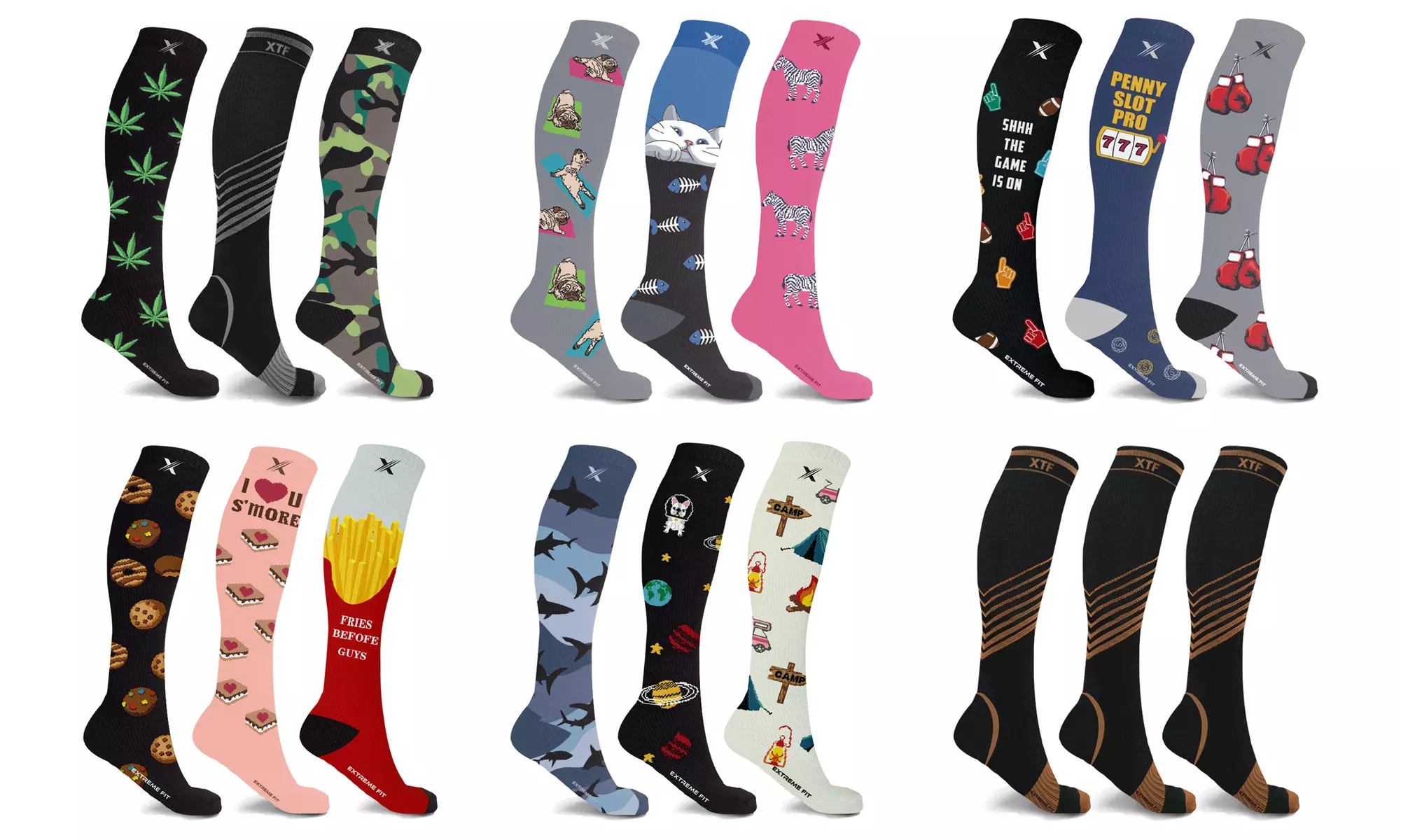 XTF Novelty Prints Collection Knee-High Compression Socks (3-Pairs)