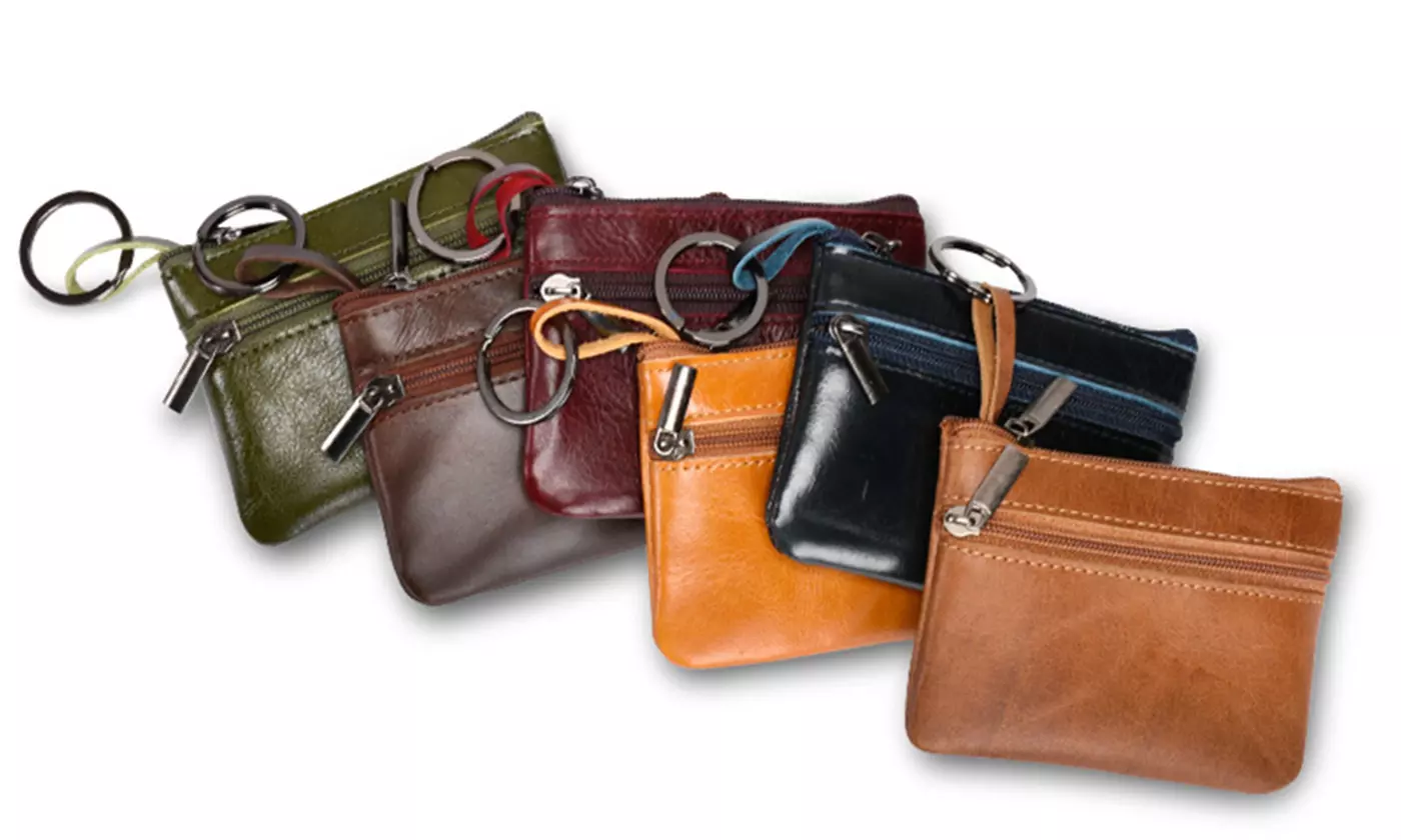 Women Genuine Leather Coin Pouch Zip Mini Purse Wallet Key Chain - Primary Image