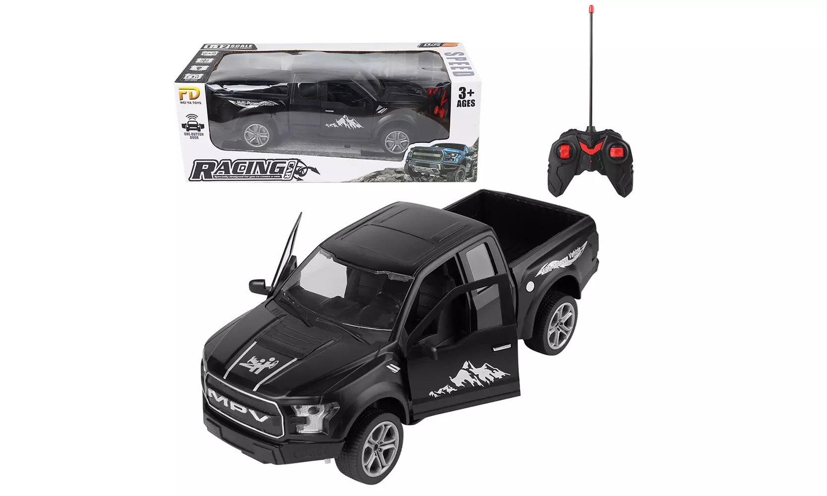 Black 1:12 Scale RC Off-Road Pickup Truck with Authentic Sounds Lights - Primary Image