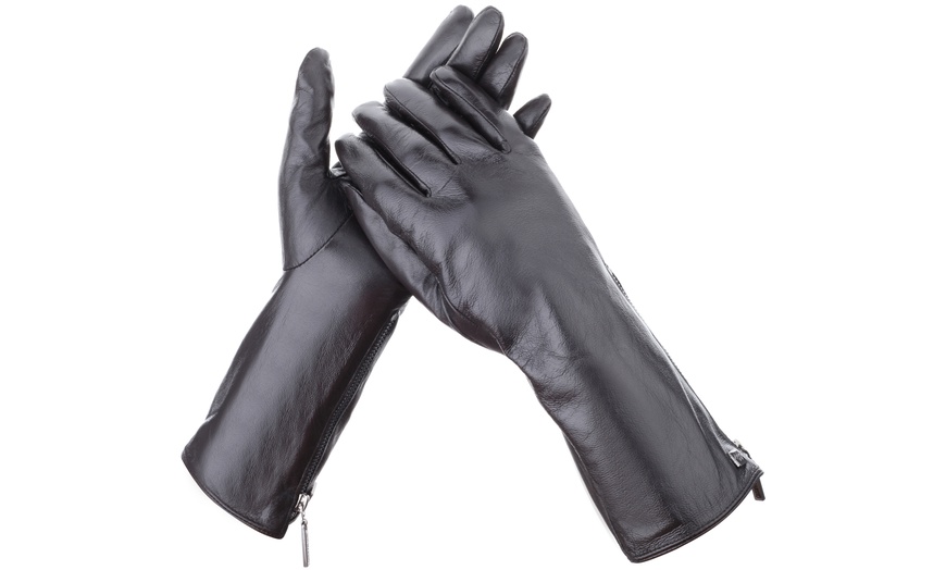 Image 40: Mio Marino Women's Insulated Long Sleeve Leather Gloves W/ Elegant Zipper Design