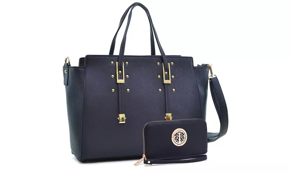 Michelle  Saffiano Leather Women Winged Studded Satchel with  Wallet - Primary Image