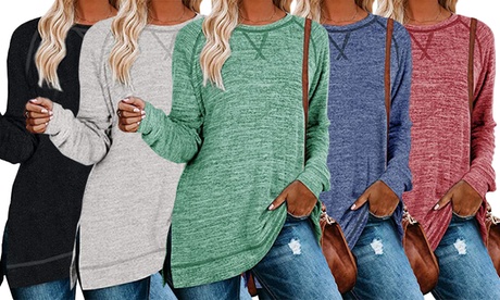 Women Ultra Soft Long Sleeve Loose Casual Winter Pullover Side Split Tunic Tops Medium Light Grey