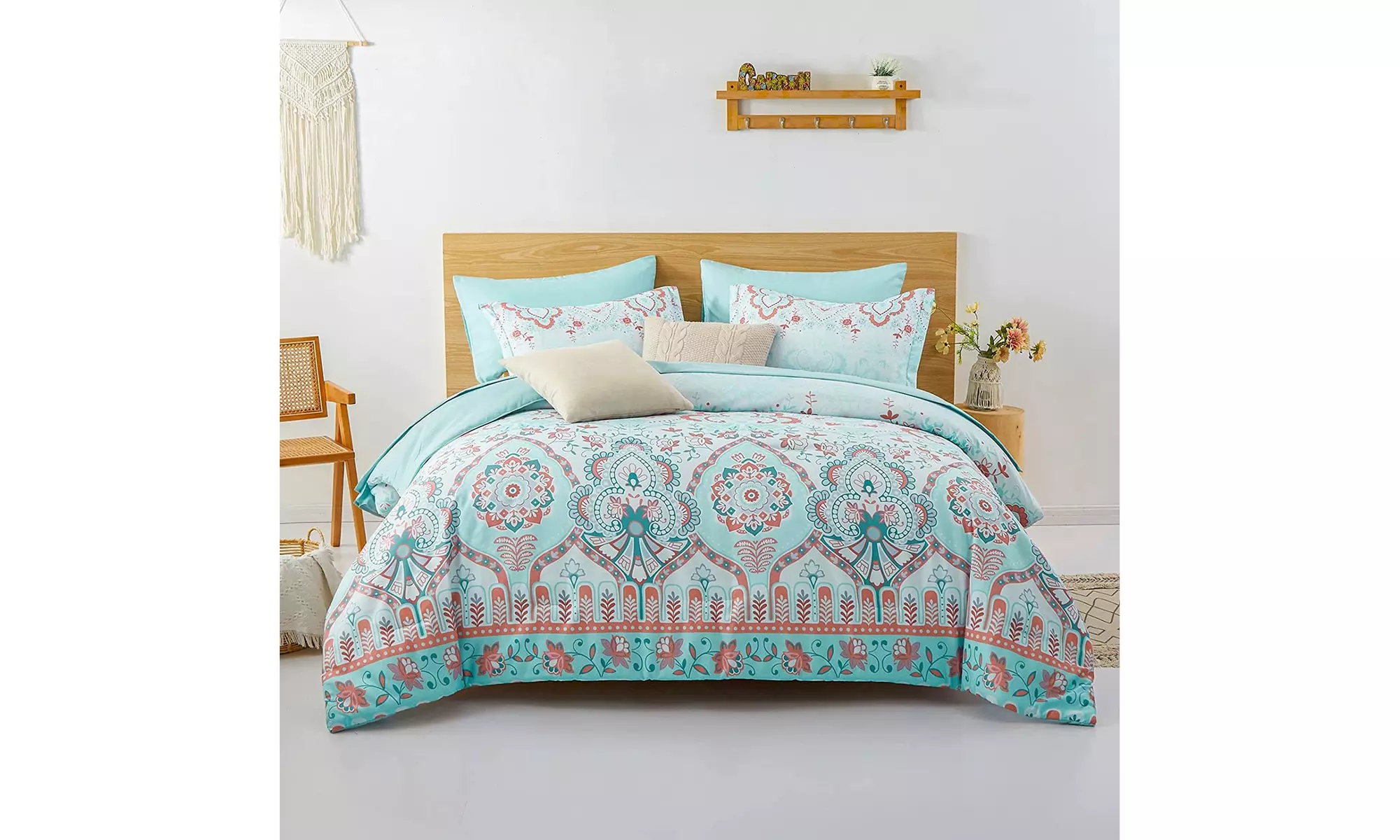 ZEIMON Boho Comforter Set  7 Piece Bed in a Bag Aqua and Blue Damask Lattice - Primary Image