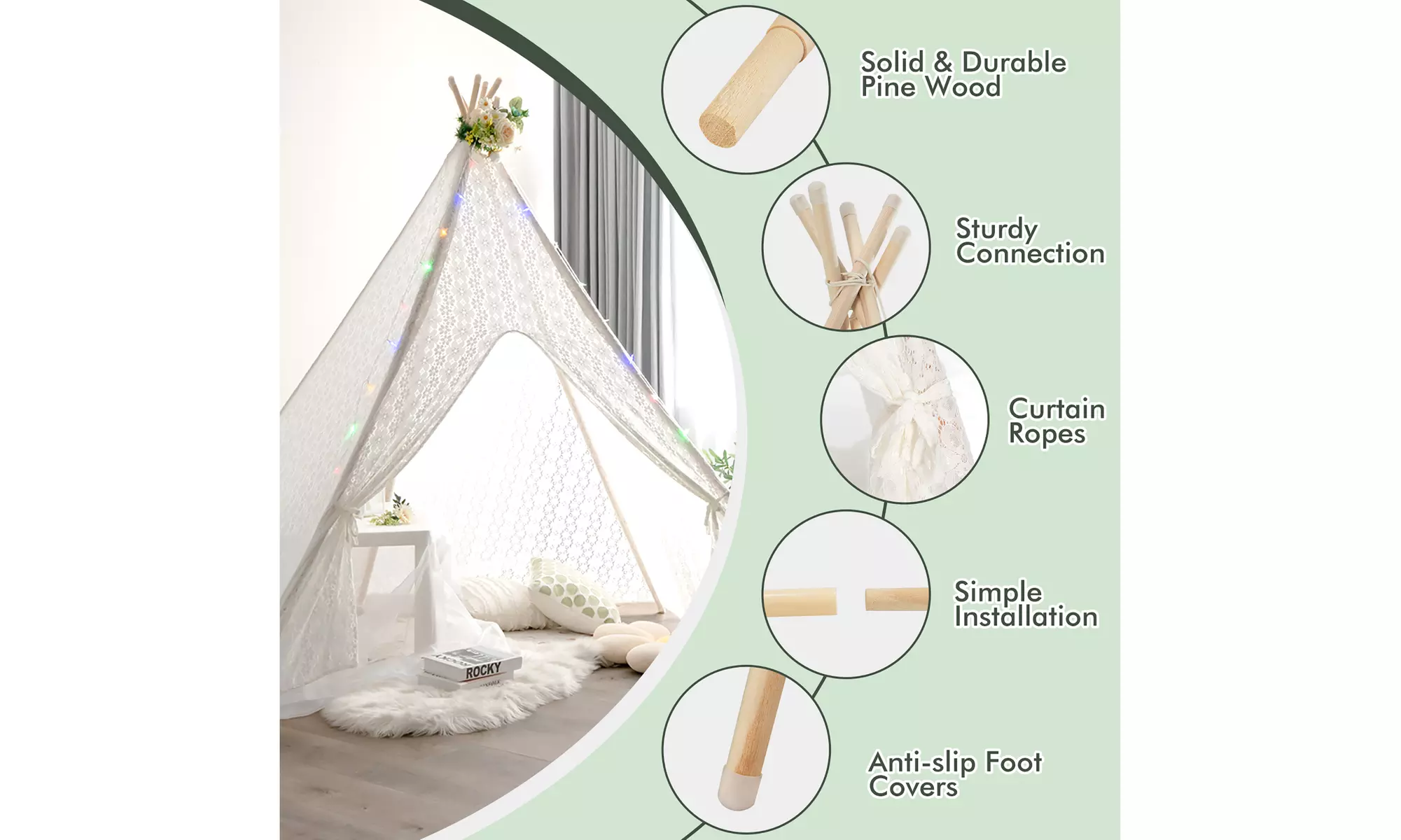 Costway 85'' Height 5 Sides Huge Lace Play Tent for Kids Adult Wedding w/ Light