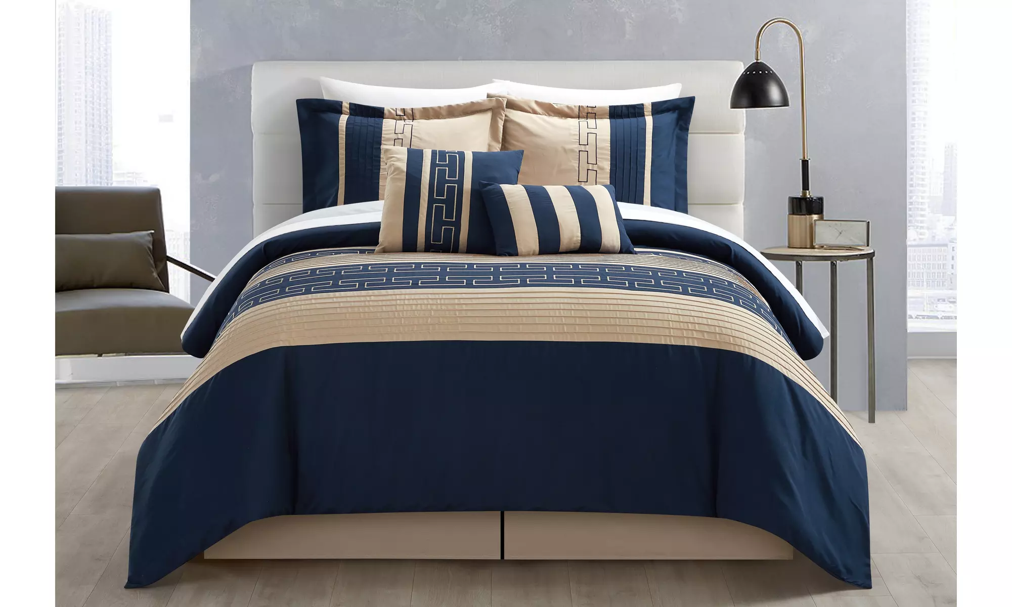 Carly 10 Pc Comforter Embroidered Color Block Bed in a Bag - Sheets Included - Primary Image