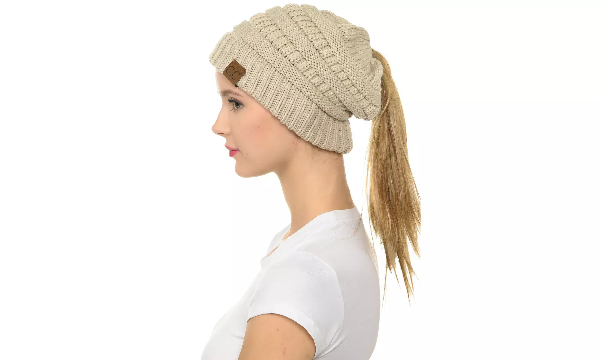 CC Beanietail Messy High Bun Ponytail Stretchy Knit Beanie Skull Hat Cap