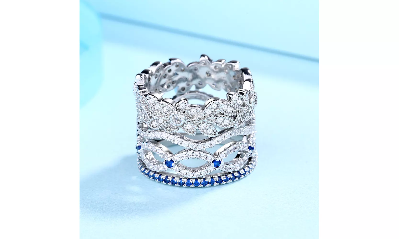 Rhodium Plated Blue and White Sapphire Ring Set (Stackable)