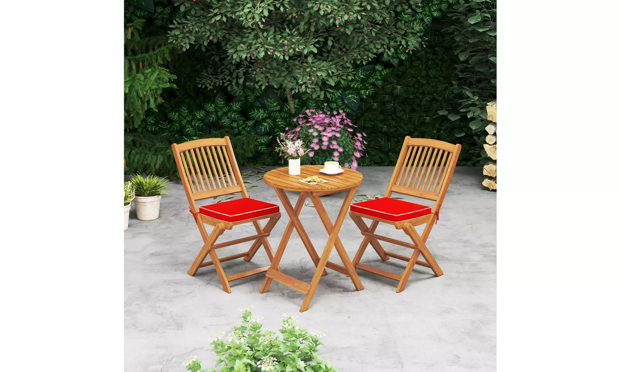 Costway Outdoor Folding Chairs Acacia Wood High-Back Chair with Seat Cushions