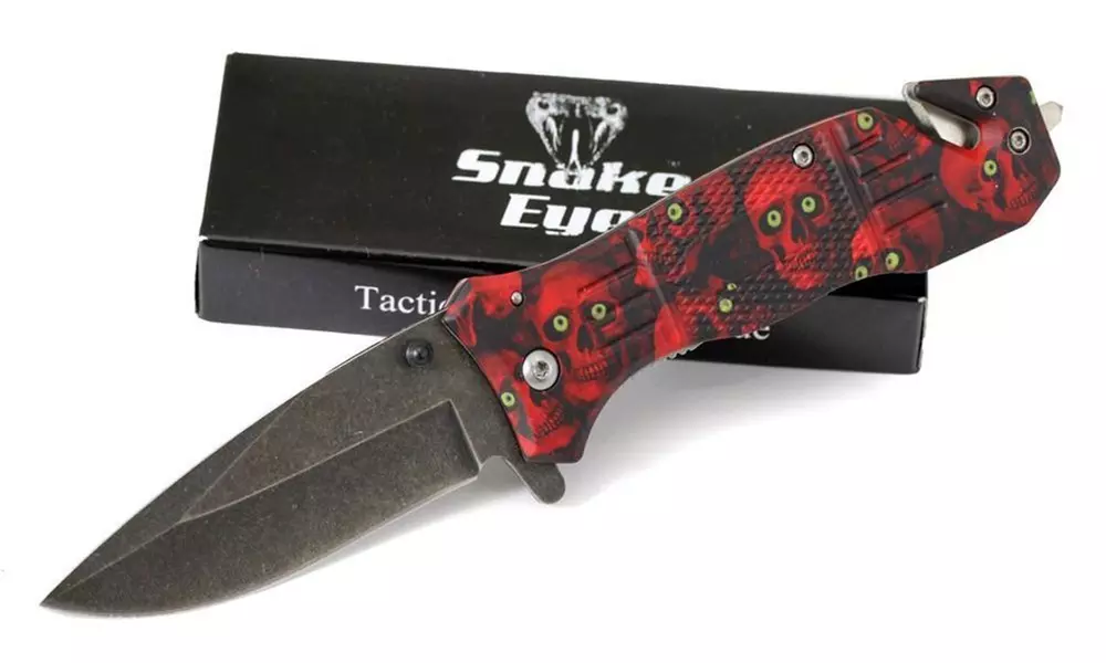 Snake Eye Rescue Style Spring Assist Knife, Skulls, Red #SE-955RSC - Primary Image