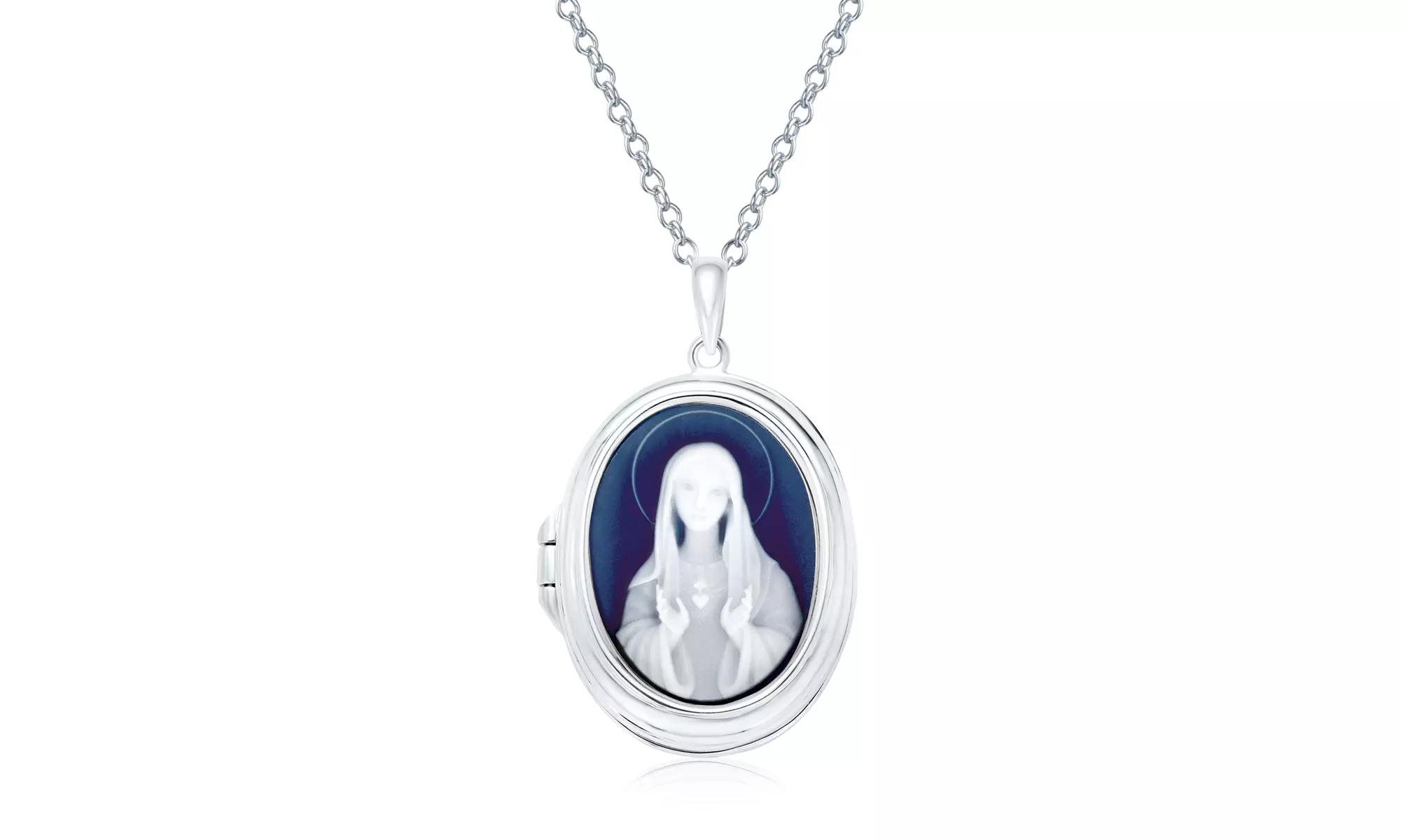 Blue Our Lady of Guadalupe Virgin Mary Cameo Locket Necklace Sterling - Primary Image