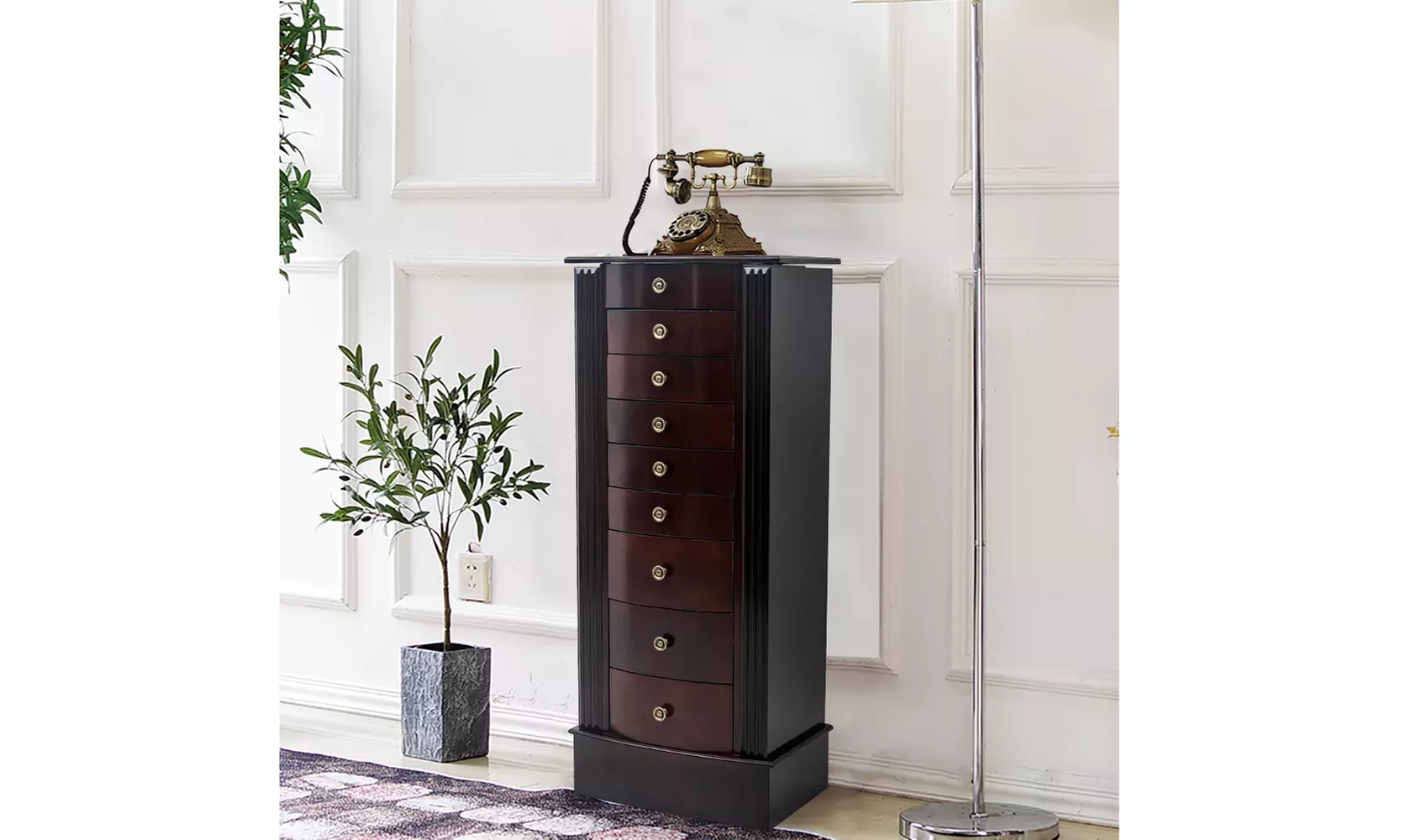 Jewelry Cabinet Box Storage Chest Necklace Wood Walnut Stand Organizer - Primary Image