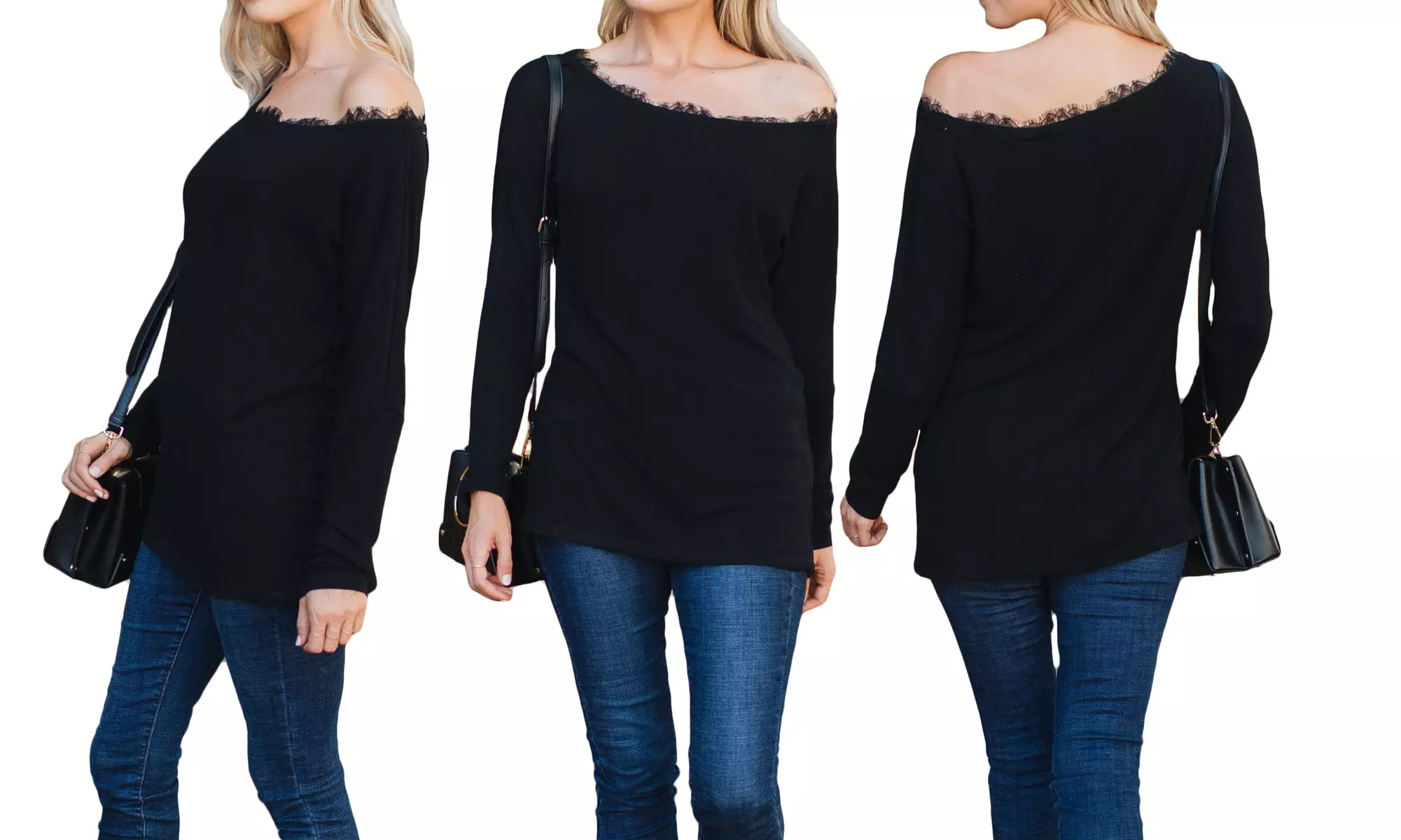 Women's Off Shoulder Sweater With Lace Neckline. Plus Sizes Available - Second Medium