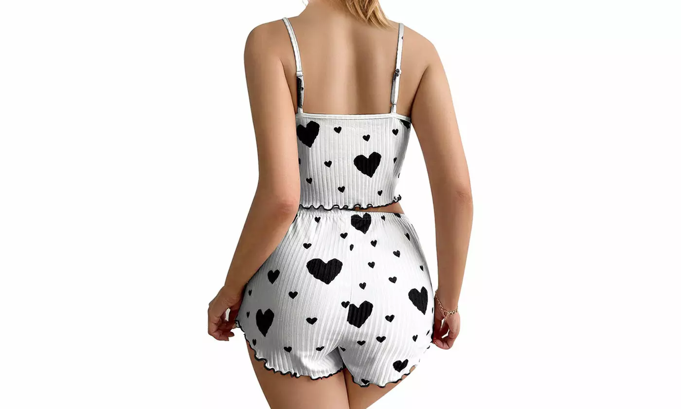 Women 2-Piece Cute Heart Print Pajama Set Cami Top & Shorts Summer Sleepwear