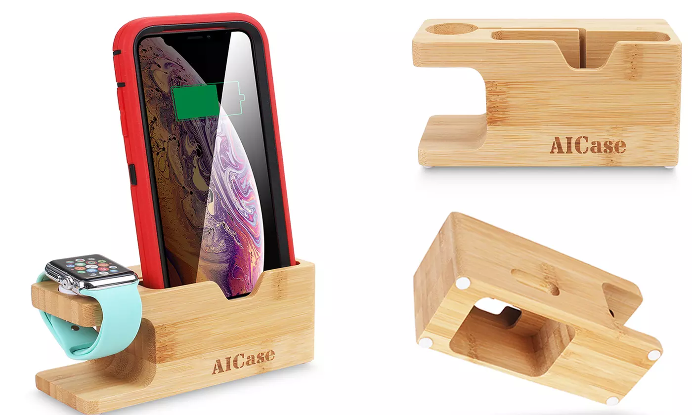 Bamboo Charging Station Dock Stand Holder For Apple Watch/iPhone/Samsung - Primary Image