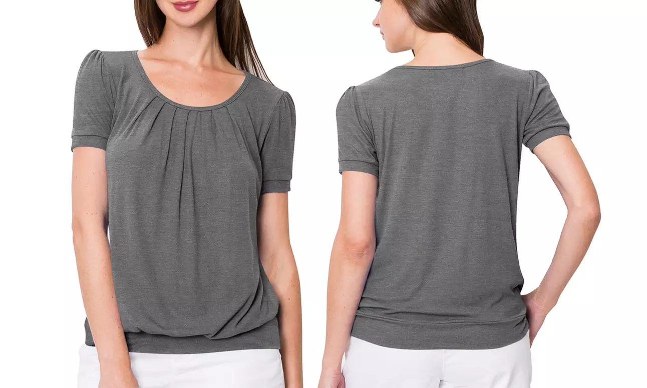 Made by Johnny Women's Scoop Neck Short Sleeve Front Pleated Blouse