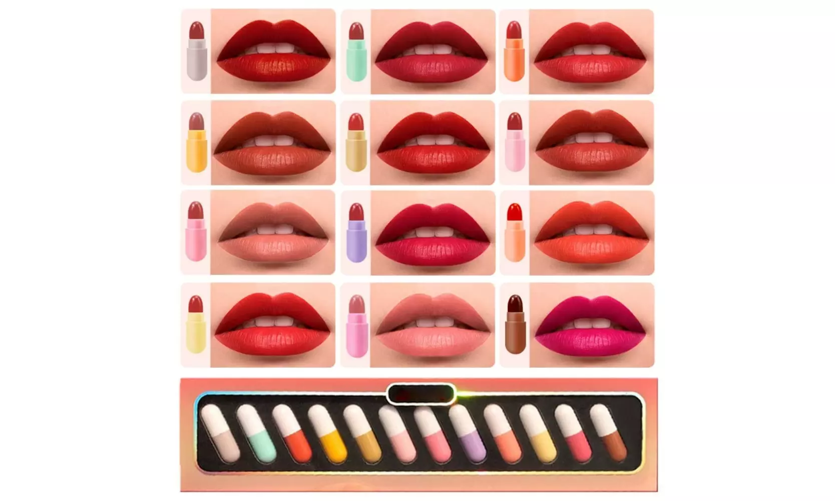 Capsule Lipstick Set for Girls 12 Pcs Mini Lipstick Lip Crayon Lip Pen Lip Stain - Second Medium