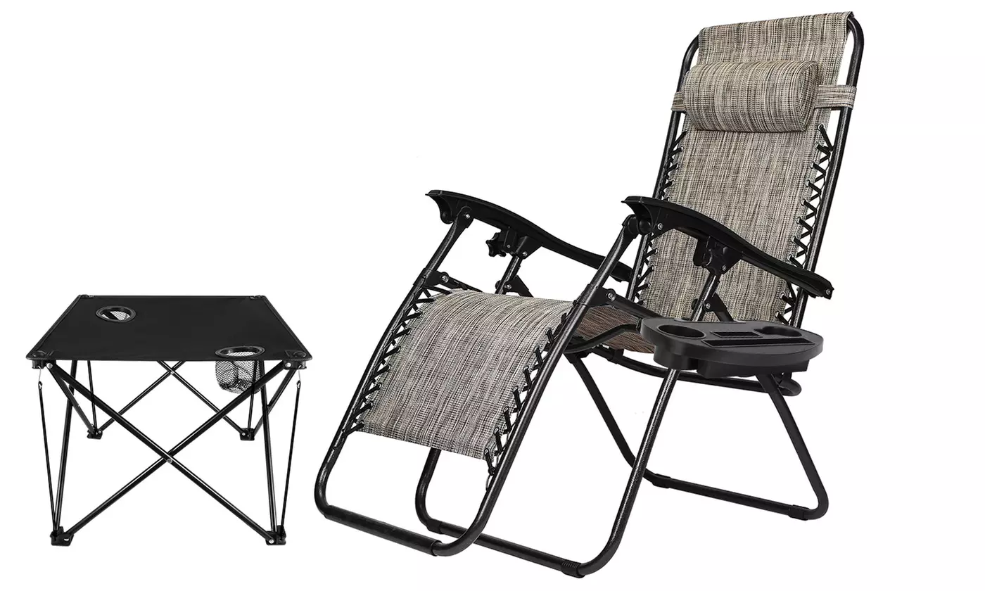 NewHome Zero-Gravity Lounge Chairs Set w/ Cup Holders & Foldable Table (5-Piece)
