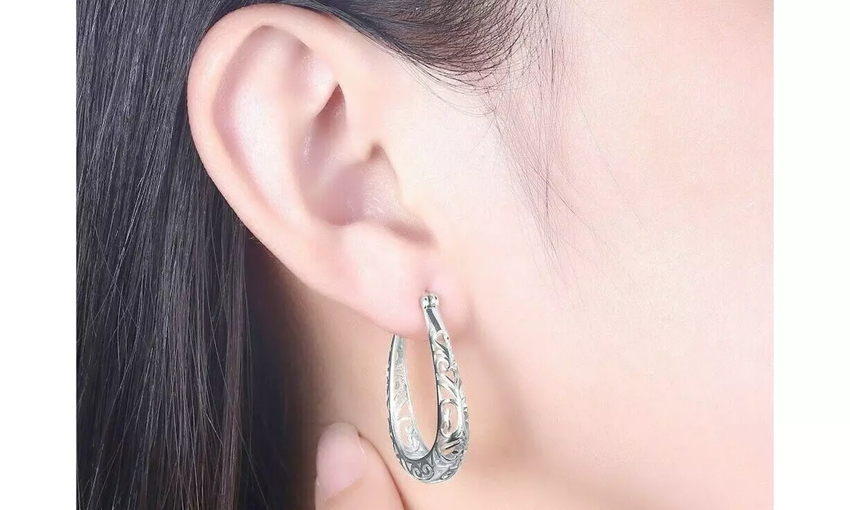 Italian Made 925 Sterling Silver Oval Filigree Hoop Earrings