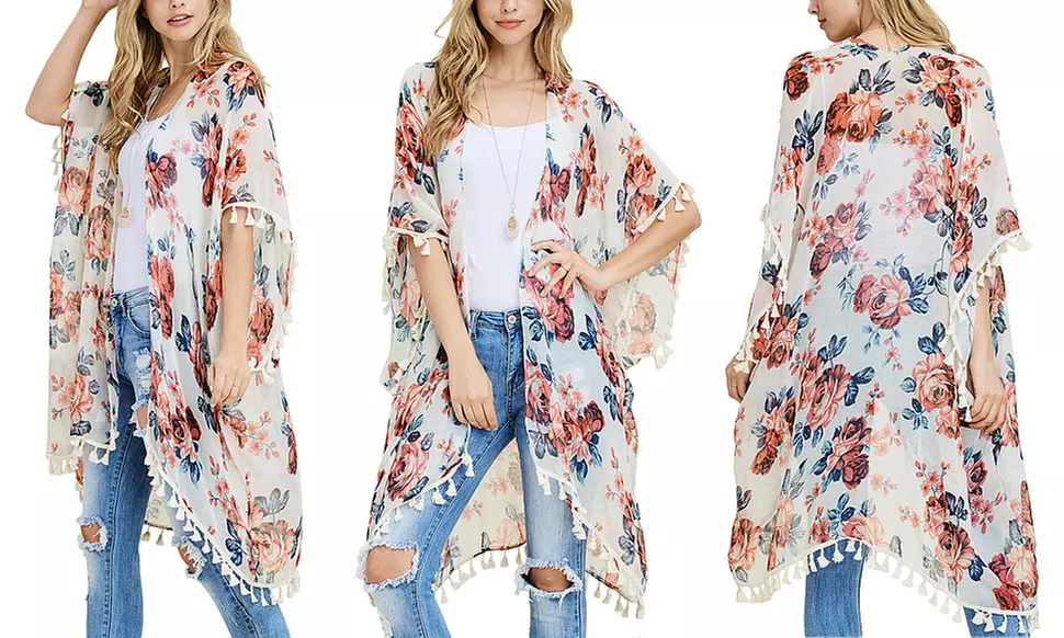 Riah Fashion Women's One Size Floral Tassel Kimono Cardigan - Second Medium