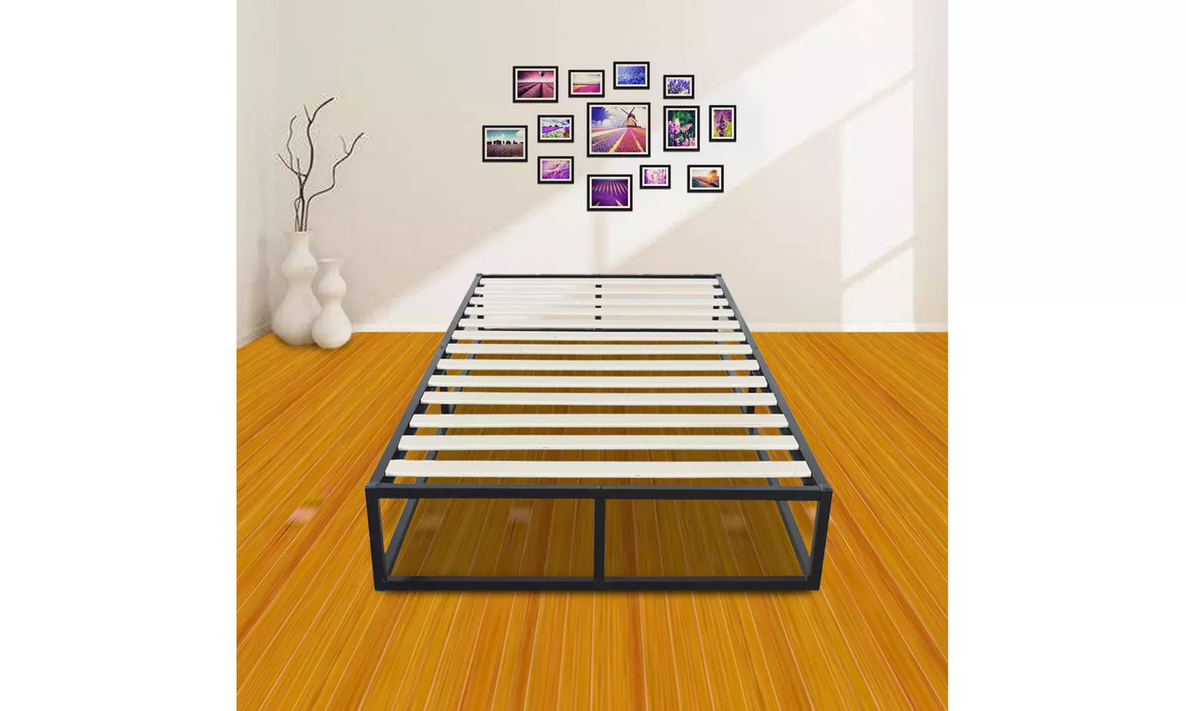 Twin Size Metal Platform Bed Frame Wood Slat Mattress Foundation - Primary Image