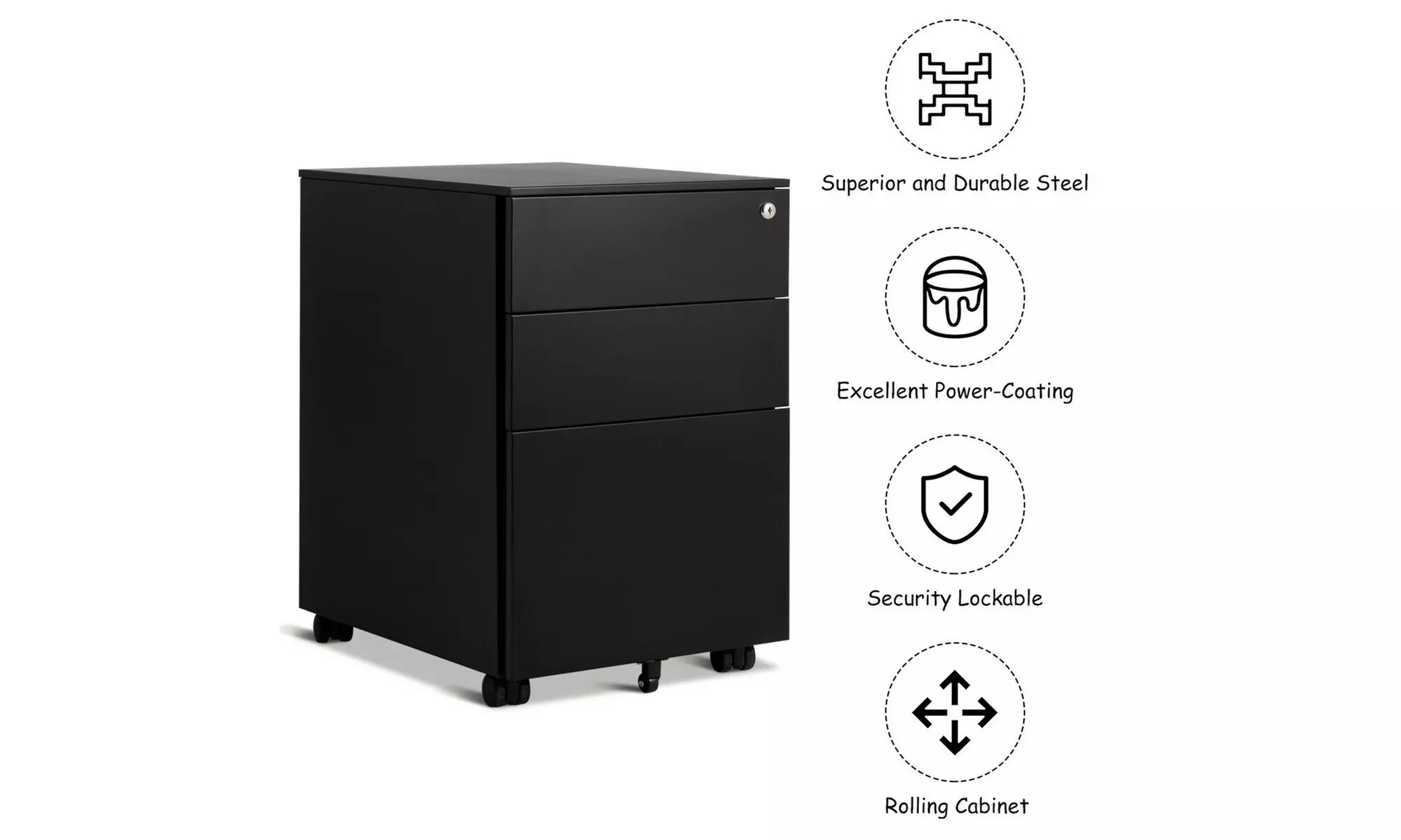 Costway Locking Filing Cabinet-Black,Pedestal Under Desk W/Wheels and Drawers