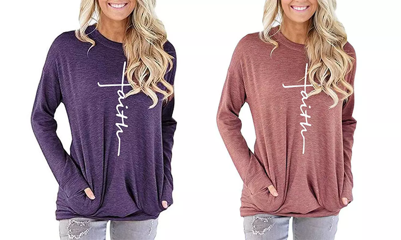 Women Stylish Faith Tunic S-2X  Letter Printed Graphic Pockets Top also in Plus - Primary Image