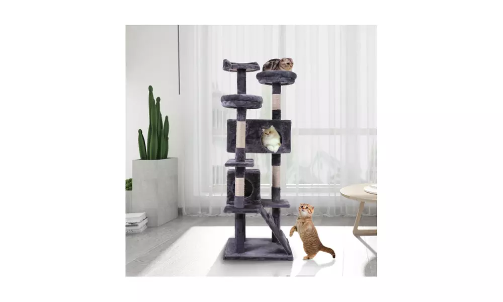 Cat Tree Cat Tower with Scratching Ball, Plush Cushion, Ladder and Condos - Primary Image