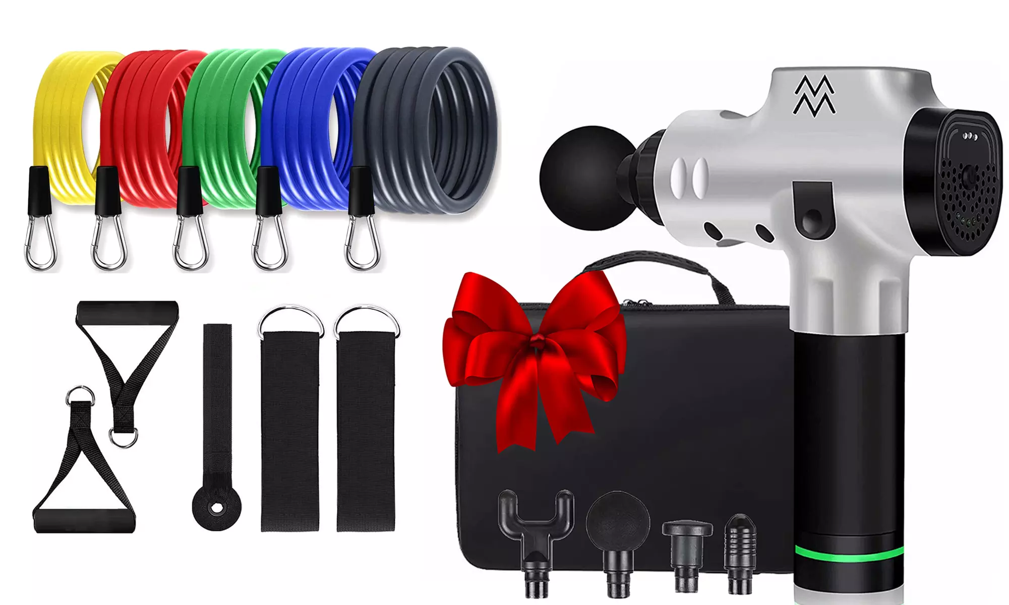 Fitness 4 Heads Percussion Massage Gun Deep Tissue with 11 Pcs Resistance Bands - Primary Image