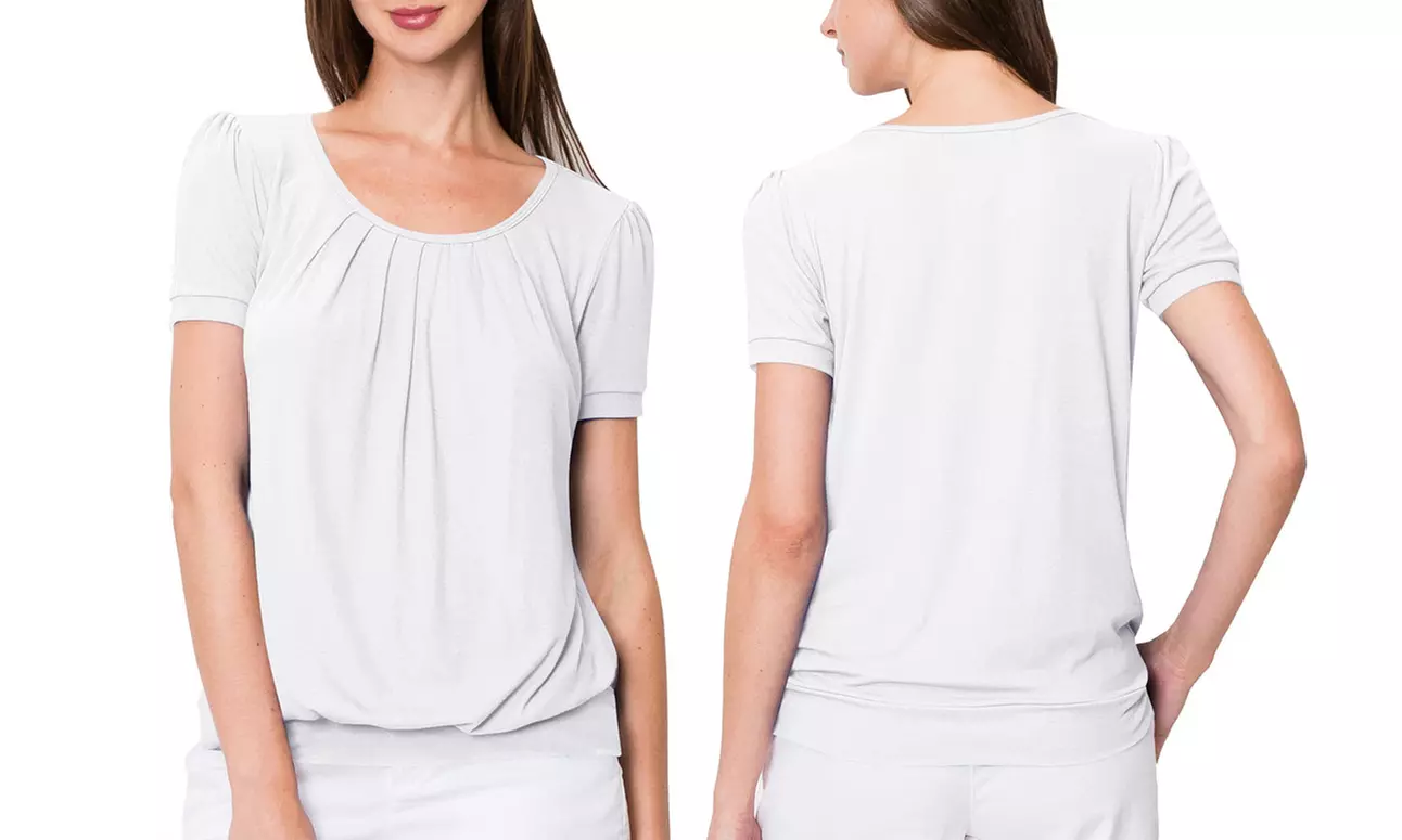 Made by Johnny Women's Scoop Neck Short Sleeve Front Pleated Blouse