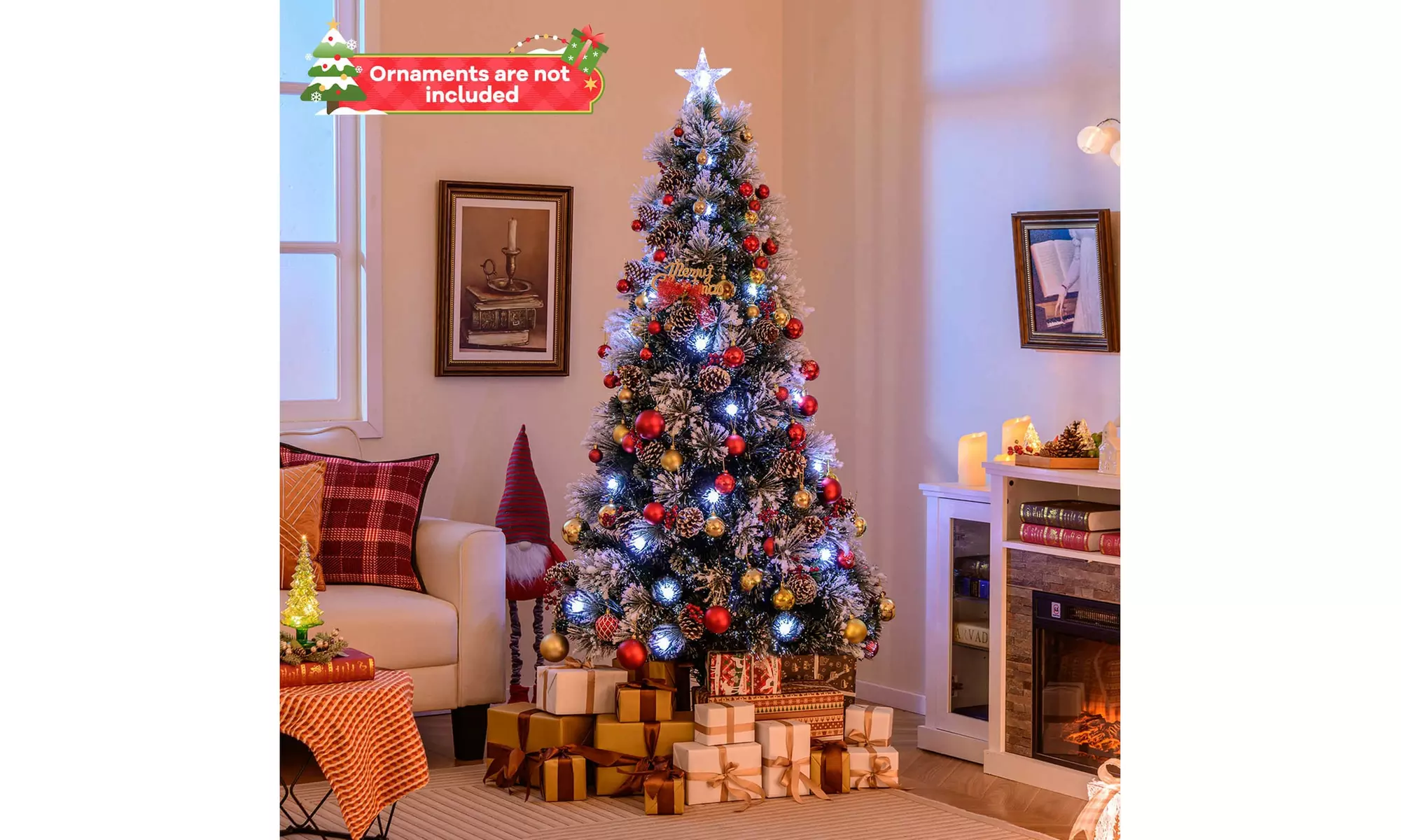 5, 6 or 7 FT Flocked Artificial Christmas Tree with Branch Tips and Pine Needles