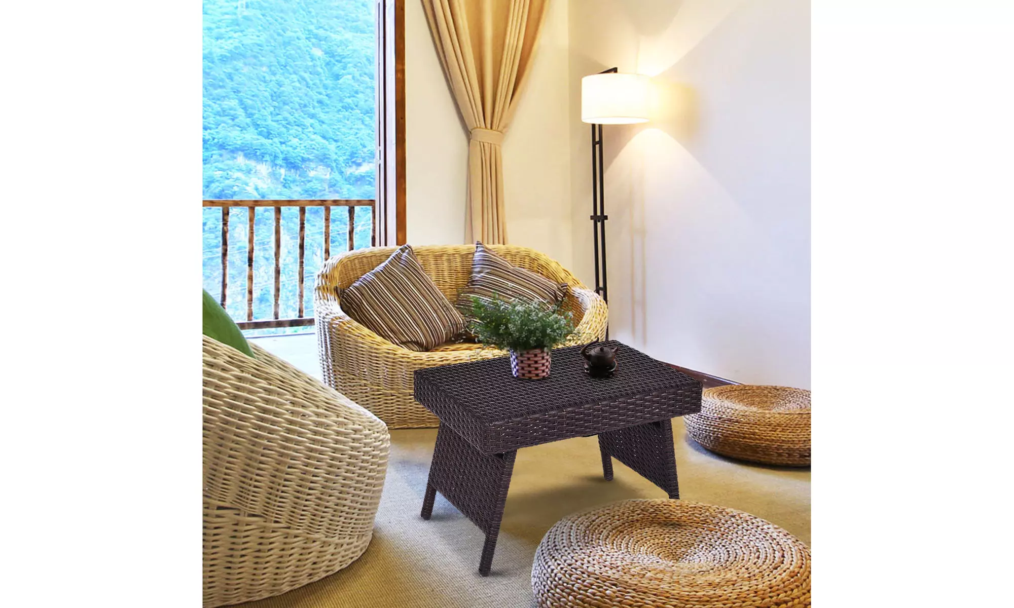 Mix Brown Folding Rattan Side Coffee Table Patio Garden Outdoor Furniture - Primary Image