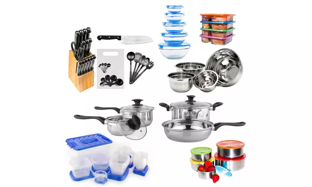 Kitchen Starter Set with Stainless Steel or Nonstick Cookware (130 Pieces) - Primary Image
