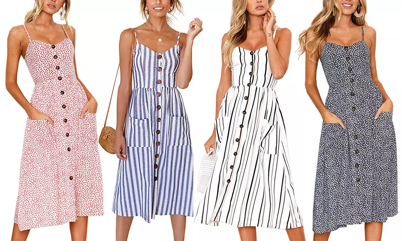 Womens Floral Summer Dress Spaghetti Straps Pocket Sundress Beach Midi Dress