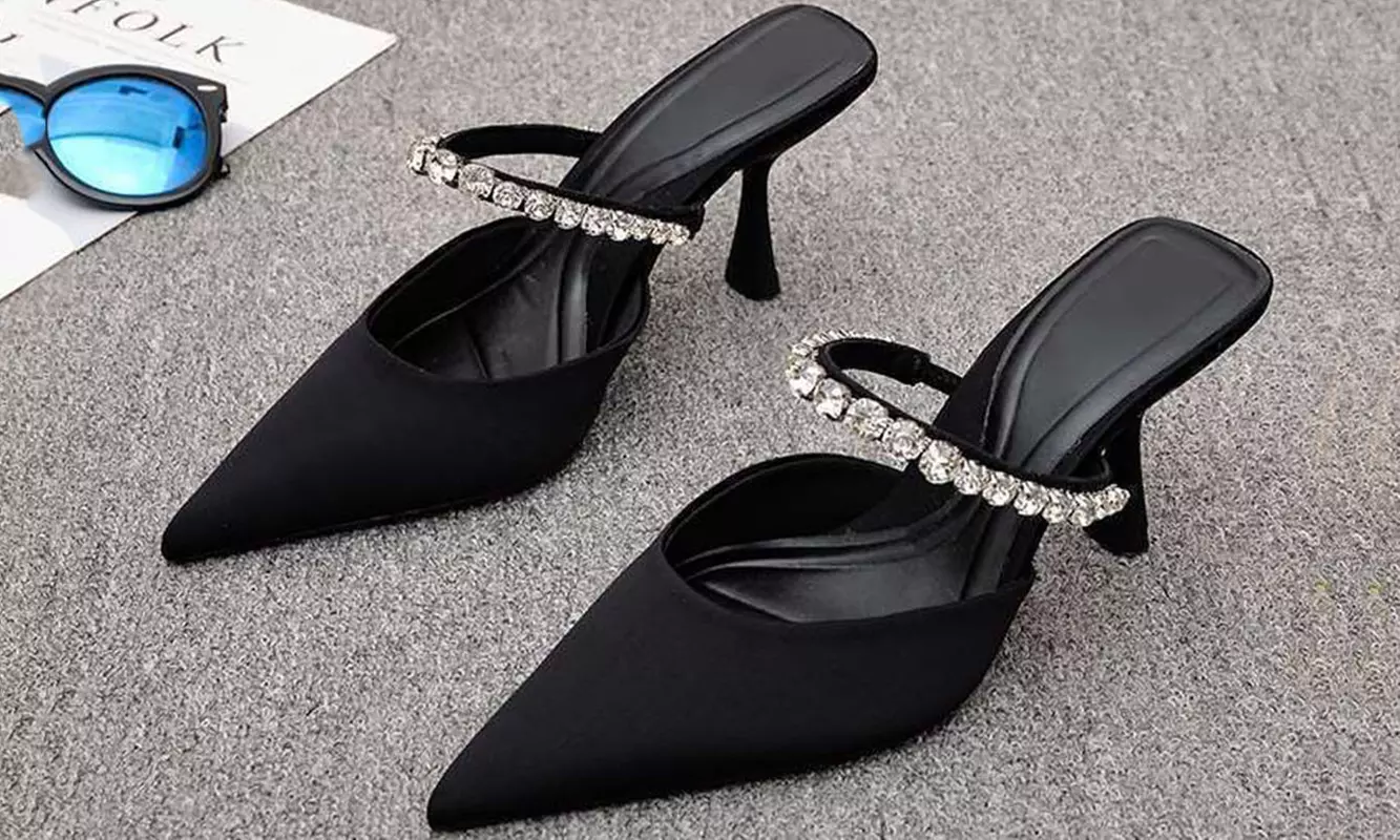 Women Elegant Rhinestone Strap Slip On Suede High-heeled Mules for Holiday Party